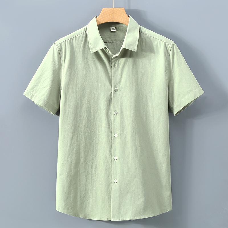 Men's Summer Heavyweight White Short-Sleeve Cotton Shirt - Solid Color Casual Lapel Design