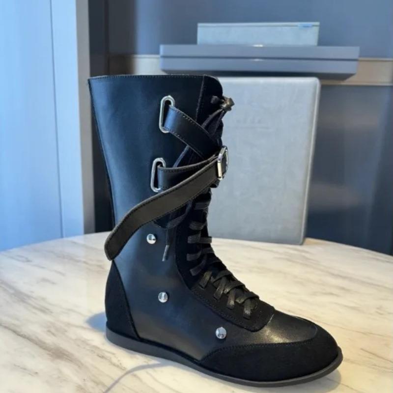 New Fashion Studded Flat Heightened Inner Women's Belt Buckle Casual Side Zipper Non-Slip Mid-Leg Boots