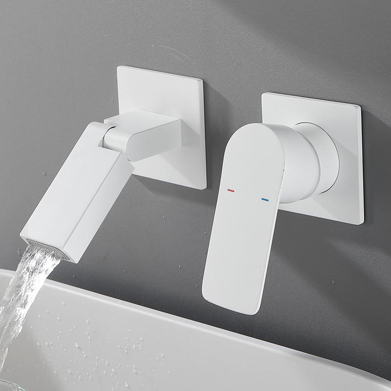 Baterie Lavoar Baie Montată pe Perete Alamă Dublă Comandă Mâner Unic Mixer Robinet Chiuvetă Apă Caldă și Rece Gri/Auriu Periat