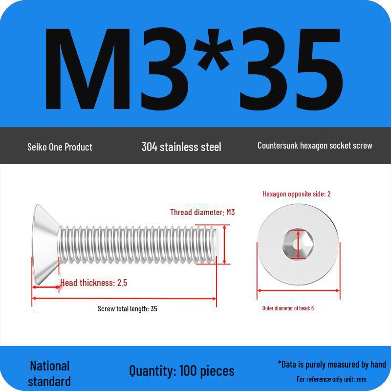 M2-M10 Stainless Steel Flat Head Machine Screws and Bolts Set, Countersunk Hex Socket Cap, 304 Grade.