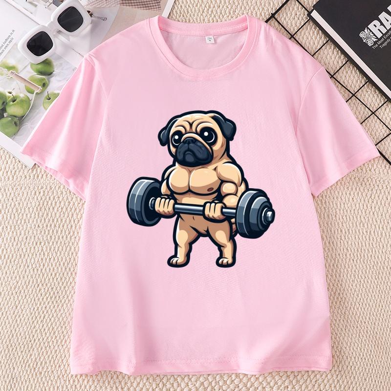 Pug Bodybuilding Weightlifting T Shirt Kawaii Cute Graphic T Shirts Casual Round Neck Printed Short Sleeve Tees Clothes