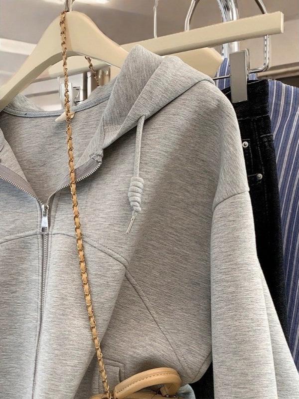 Plus Size Grey Hoodie Cardigan - Korean Style, Casual & Loose for Spring/Fall