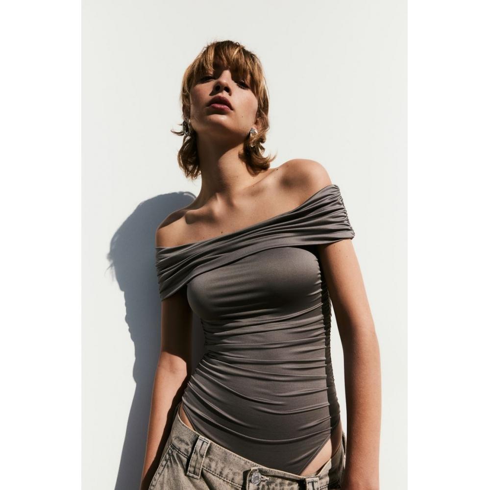 

H M Shirring Off Shoulder Bodysuit Grey