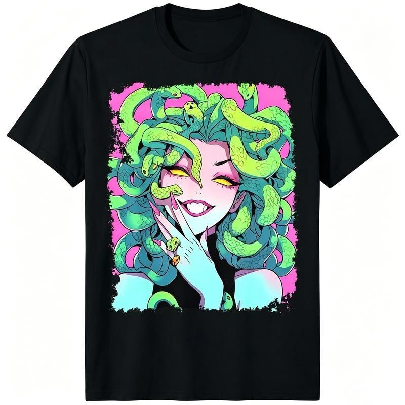 Men s Greek Mythology Medusa T-Shirt with Neon Green & Pink Snake Hair, Greek Ke M