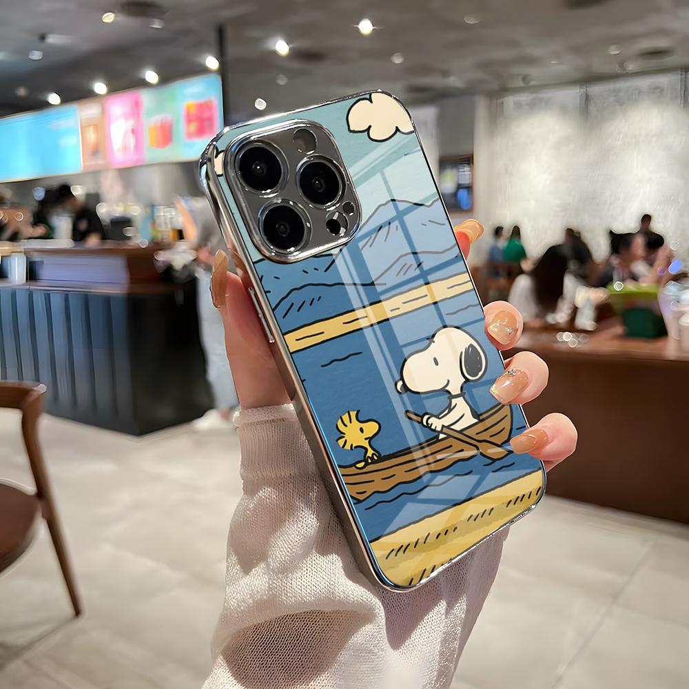 Cute Cartoon S-SnoopyS Phone Case For IPhone 17 Pro Max 15 Pro 16 14 Plus 12 13 Mini 11 Pro Shockproof Electroplated Glass Cove