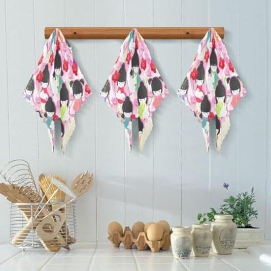 Kitchen Cloth Japanese Style Pattern Pink Doll Design Floral Wiping Absorbent Quick-drying Stain Removal Dishcloth Set 6 Stylish Cleaning Household