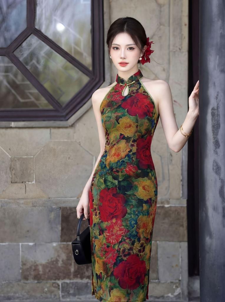 Beautiful young temperament retro style neck water drop collar cheongsam floral long daily senior sense thin dress