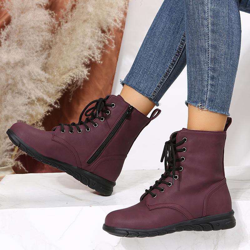 European American Leather Boots 2024 Spring Autumn New Collection Solid Color Large Size Simple Slope Heel Sports Women's Boots