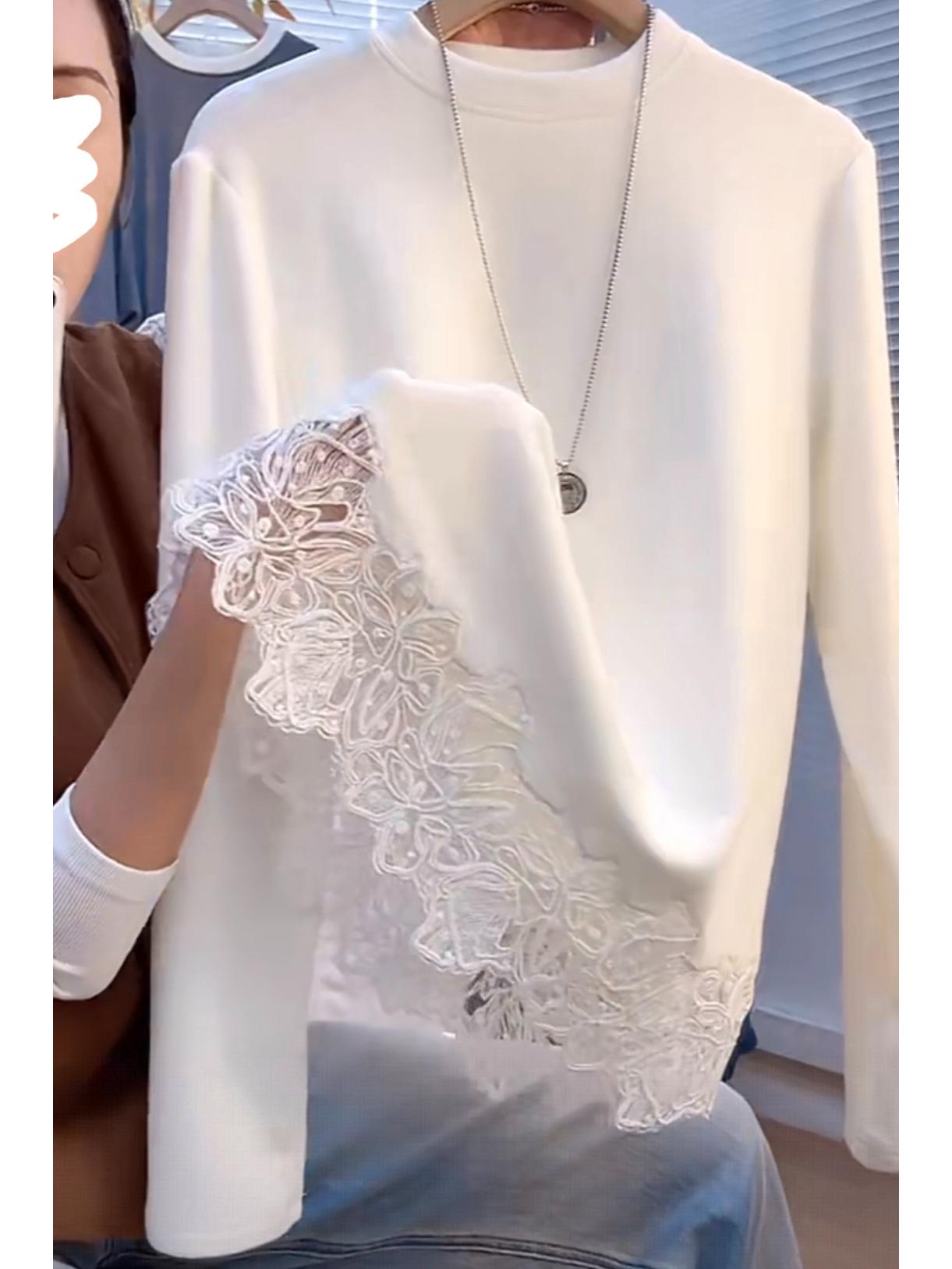 

Korean-Style Lace Splicing Thermal T-Shirt: Comfortable Women s White Base Layer Top L