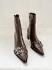 2025 Autumn and Winter Pointed Belt Buckle Thick Heel Short Boots Women's European and American Style High Heel Rear Zipper Soft Leather Thin Short B