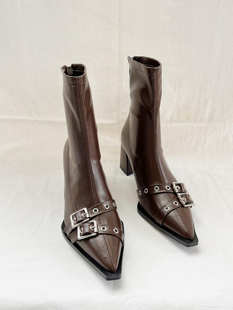 2025 Autumn and Winter Pointed Belt Buckle Thick Heel Short Boots Women's European and American Style High Heel Rear Zipper Soft Leather Thin Short B