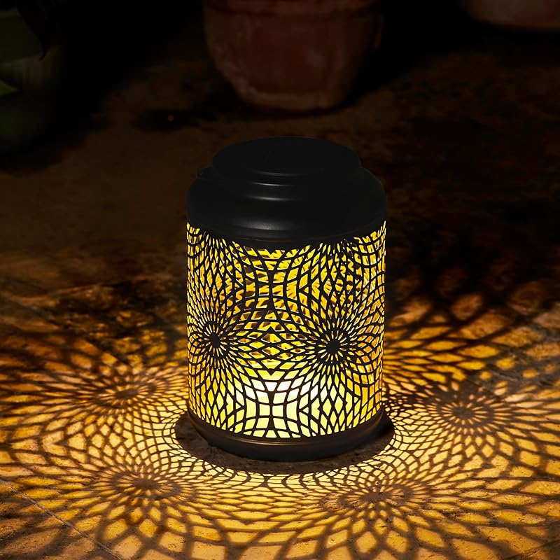 Solar Lantern Outdoor Waterproof Blue Metal Hollow Out Solar Powered Hanging Lantern Decorative Farmhouse Warm Yellow Light for Garden Patio Black #1