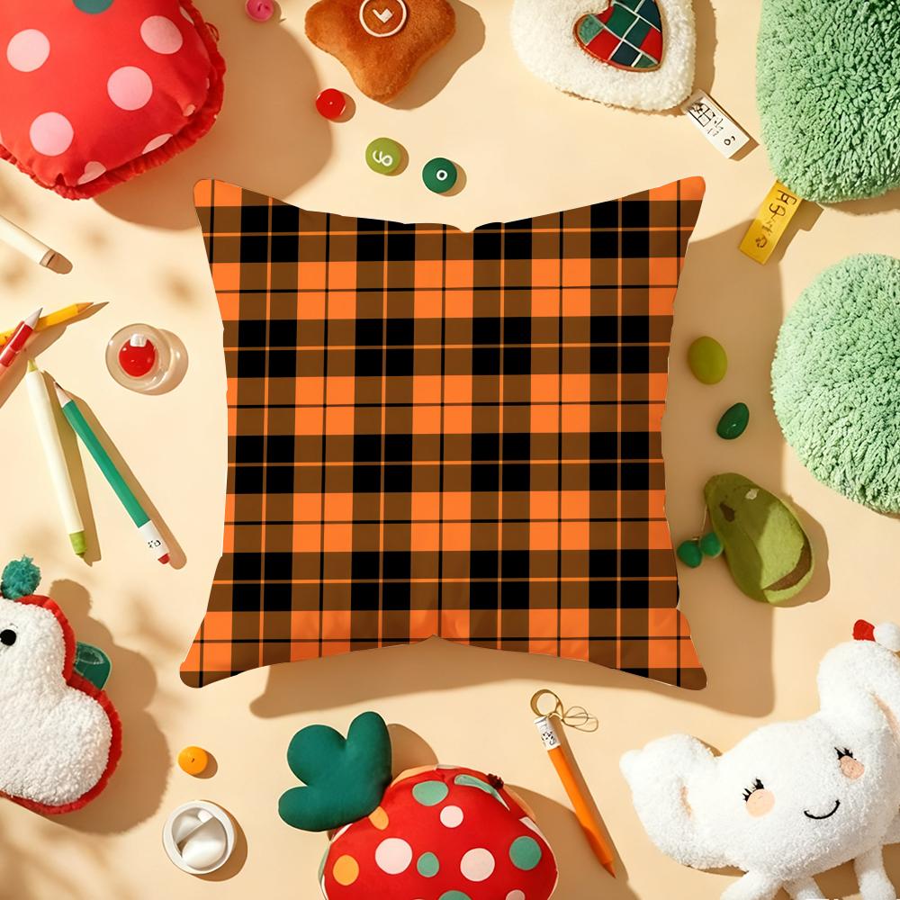 Halloween Grid Cushion Cover Soft Short Plush DoubleSided Printing Home Decor Machine Washable Pillow Case Gift