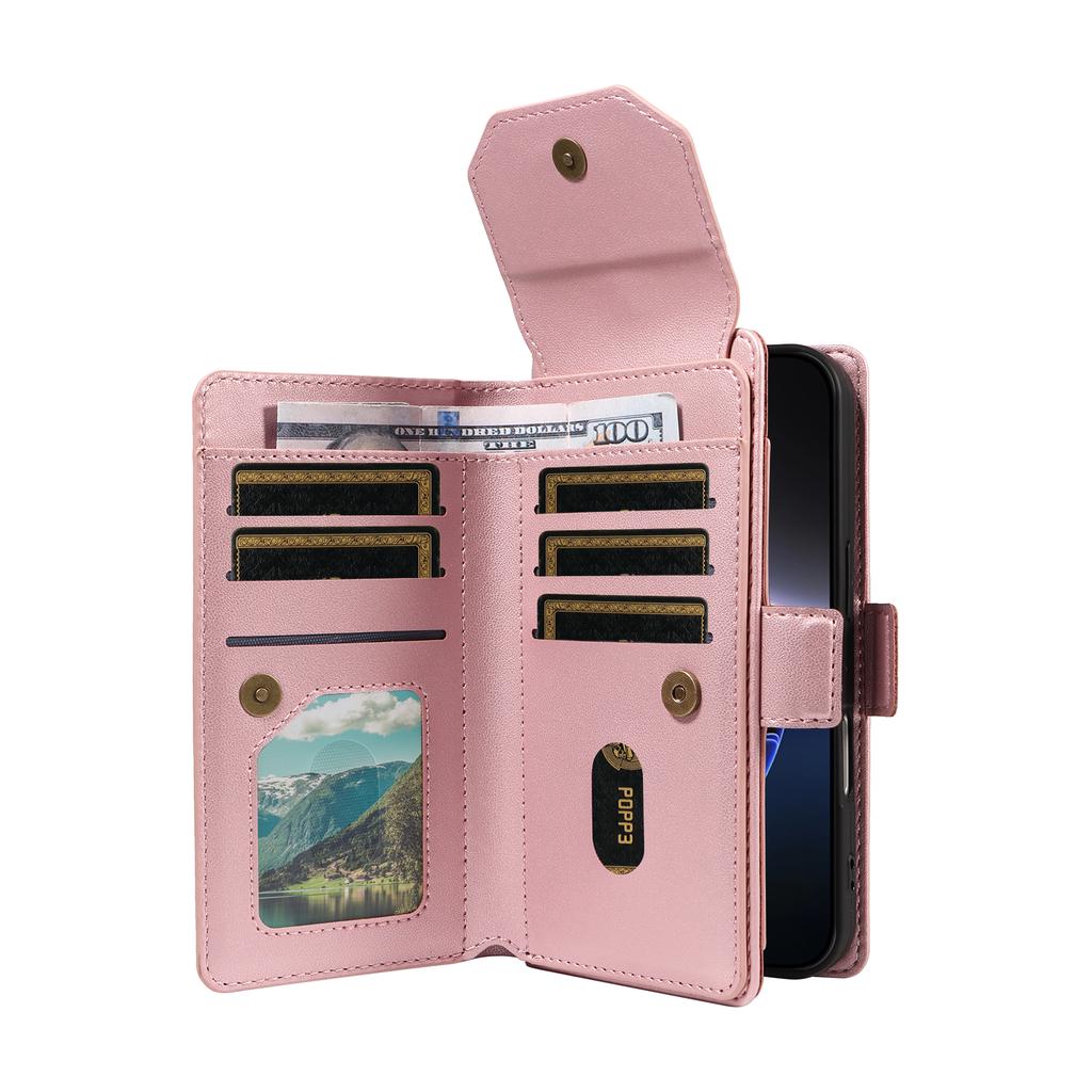 For iPhone 16 Pro Case with Multi-Card Holder and Strap PU Leather Phone Cover Stand