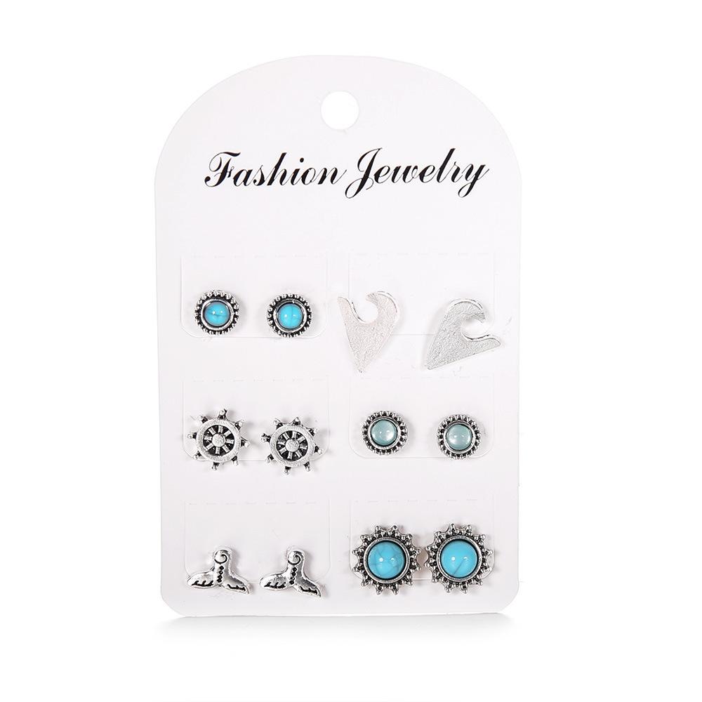 Fashion Bohemian Mermaid Rudder Turquoise Stud Earrings 6-Piece Set