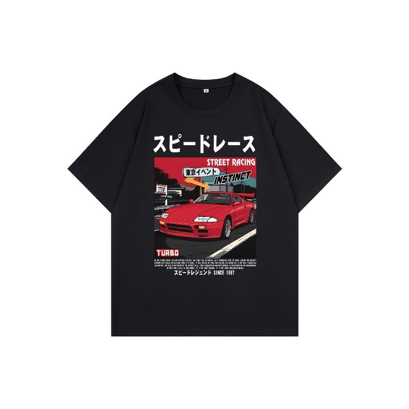 Men's Street Racing Pattern Tokyo Printed Comic Print Suitable For Daily Casual Wear Black Fashion T-Shirt