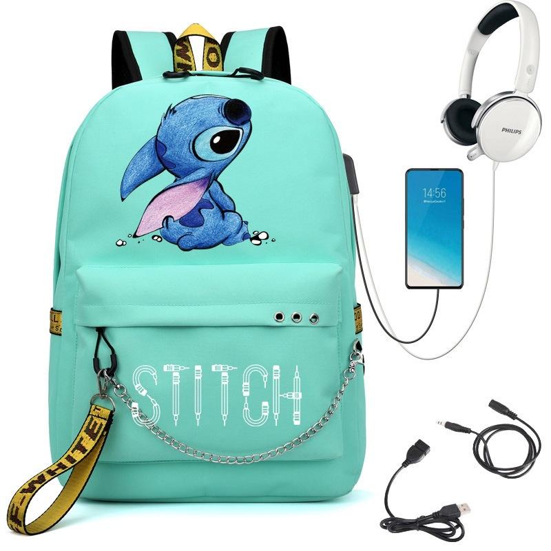 Stitch USB Charging Backpack Student School Bag Unisex Laptop Daypack Waterproof Design