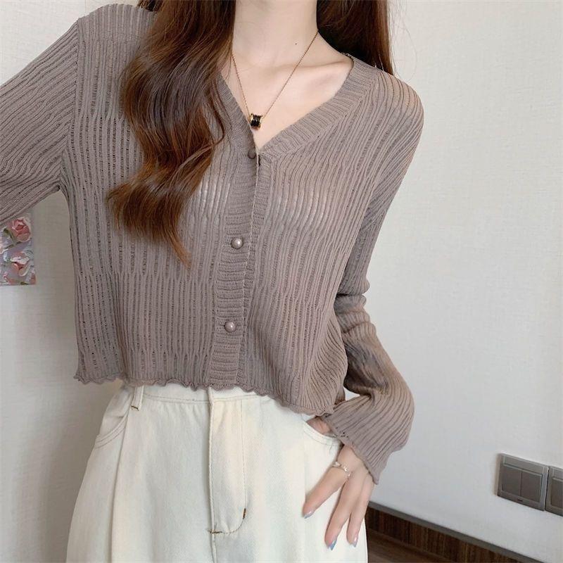Ice Silk Sun Protection Cardigan Women's Summer Thin Long Sleeve Outer Cover Up French Knit Hollow Out Top Short Coat