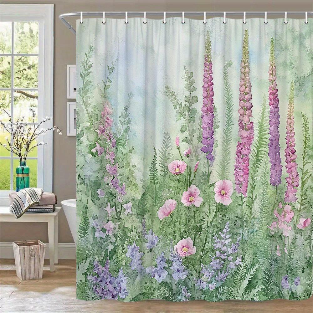 1 stuks Vingerhoedskruid Badgordijn - Elegant Paars Roze Bloemen Aquarel Tuinscène met Varens op Zachte Pastel Achtergrond, Polyester