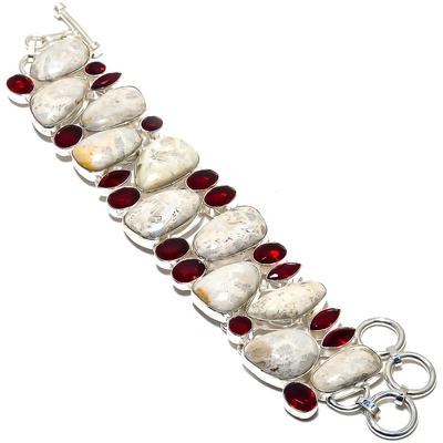 Fossil Coral, Garnet Gemstone Handmade 925 Silver Bracelet 7-8" JCB326-67