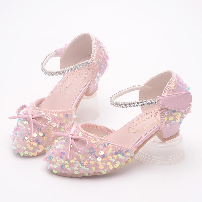 

Girls Sandals for Spring and Autumn, Children s Princess Shoes, Sequined Mermaid Crystal Shoes, Little Girls Leather Shoes, Hollow Toe High Heels 27Code/17.5cm розовый