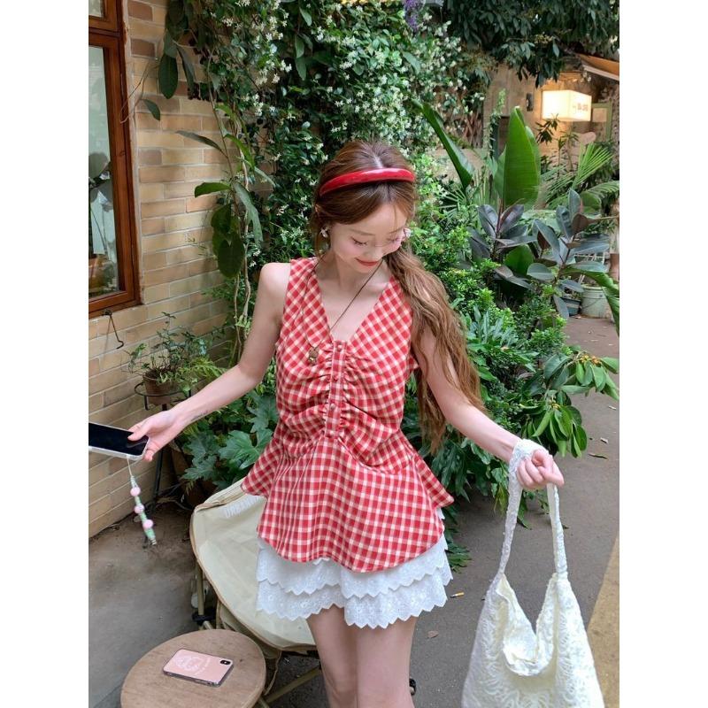 Summer New Women's Plaid V-neck Sleeveless Vest Ruffle Pleated Top