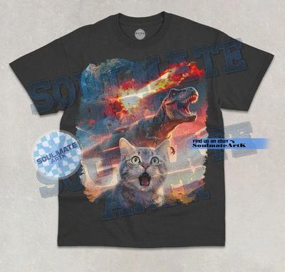Cat Dinosaur Meteorite T-Shirt Funny Cat Selfie Meme Graphic Unisex Shirt