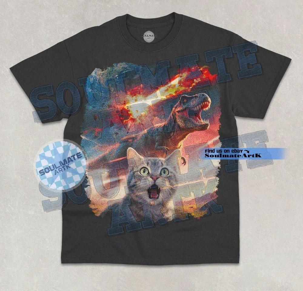 Cat Dinosaur Meteorite T-Shirt Funny Cat Selfie Meme Graphic Unisex Shirt 4XL