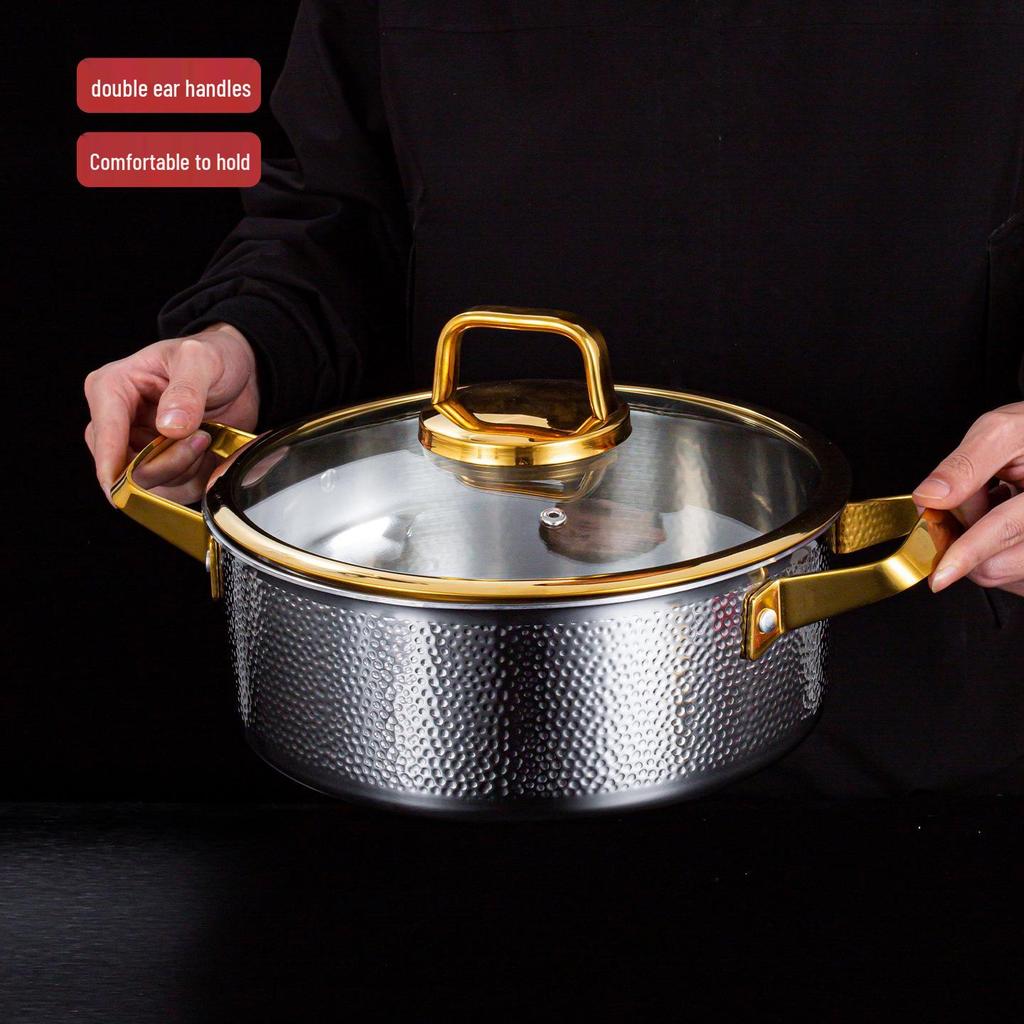 304 Stainless Steel Double Ear Soup Pot with Induction & Gas Compatibility, Hammered Texture, Hot Pot Separator for Commercial Use