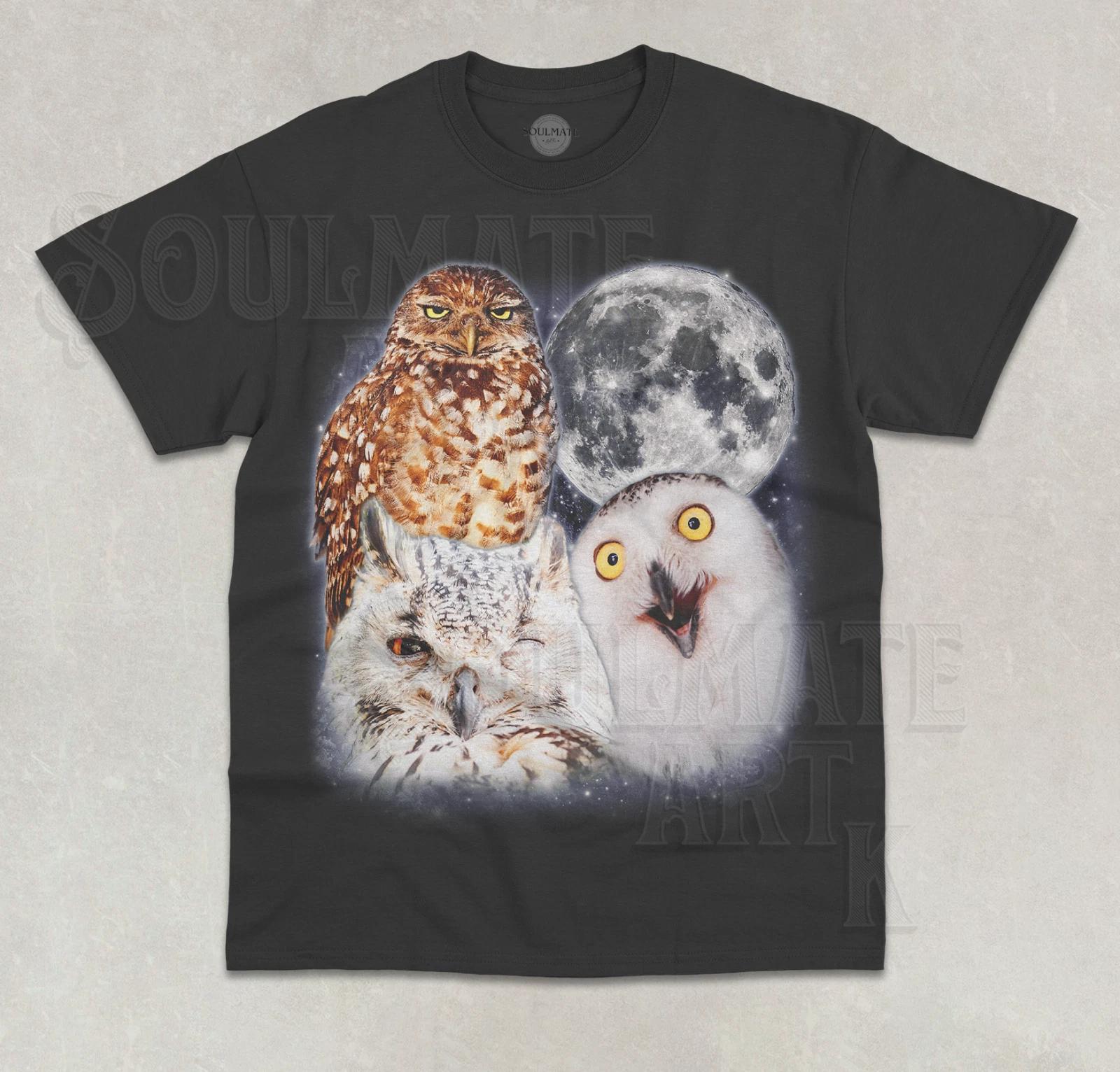 Three Owls Moon T-Shirt Funny Owl Animal Lover Cute Meme Graphic Unisex Shirt XL