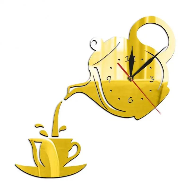 

Teapot Mirror Clock 3D Decorative Wall Sticker Acrylic Creative Waterproof Environmentally Friendly Personalized Wall Sticker 16 inch золотой