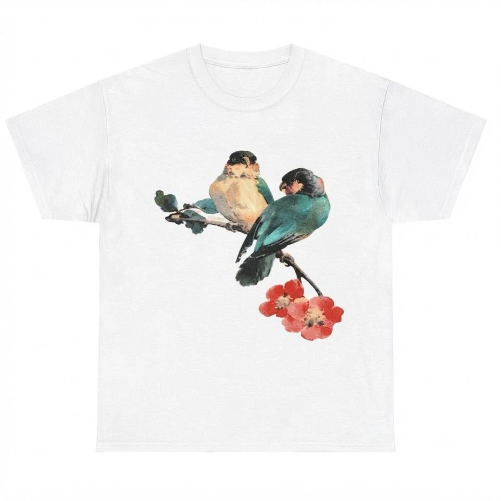 Lovebirds Floral Painterly Nature White TShirt S
