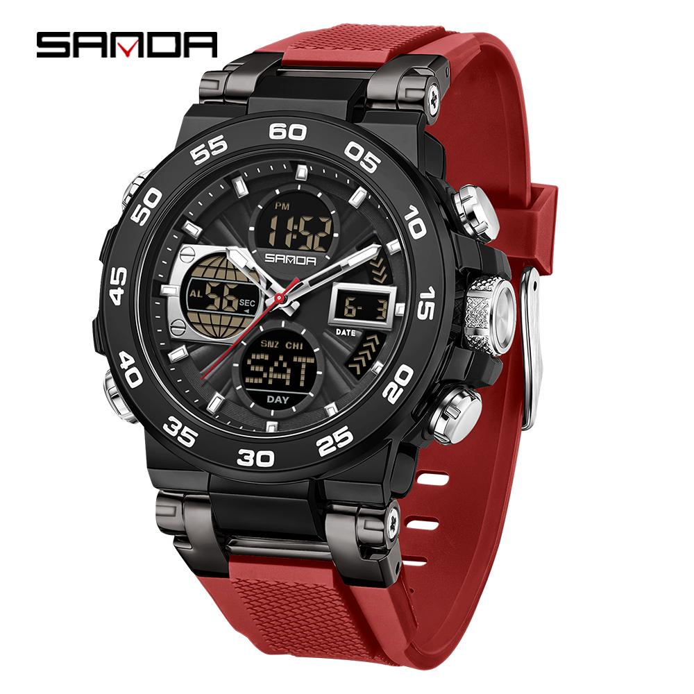 SANDA 6312 New Steel Strip Sports Watch Dual Display Dual Movement 5ATM Waterproof Multi functional Men's Electronic Watch-1