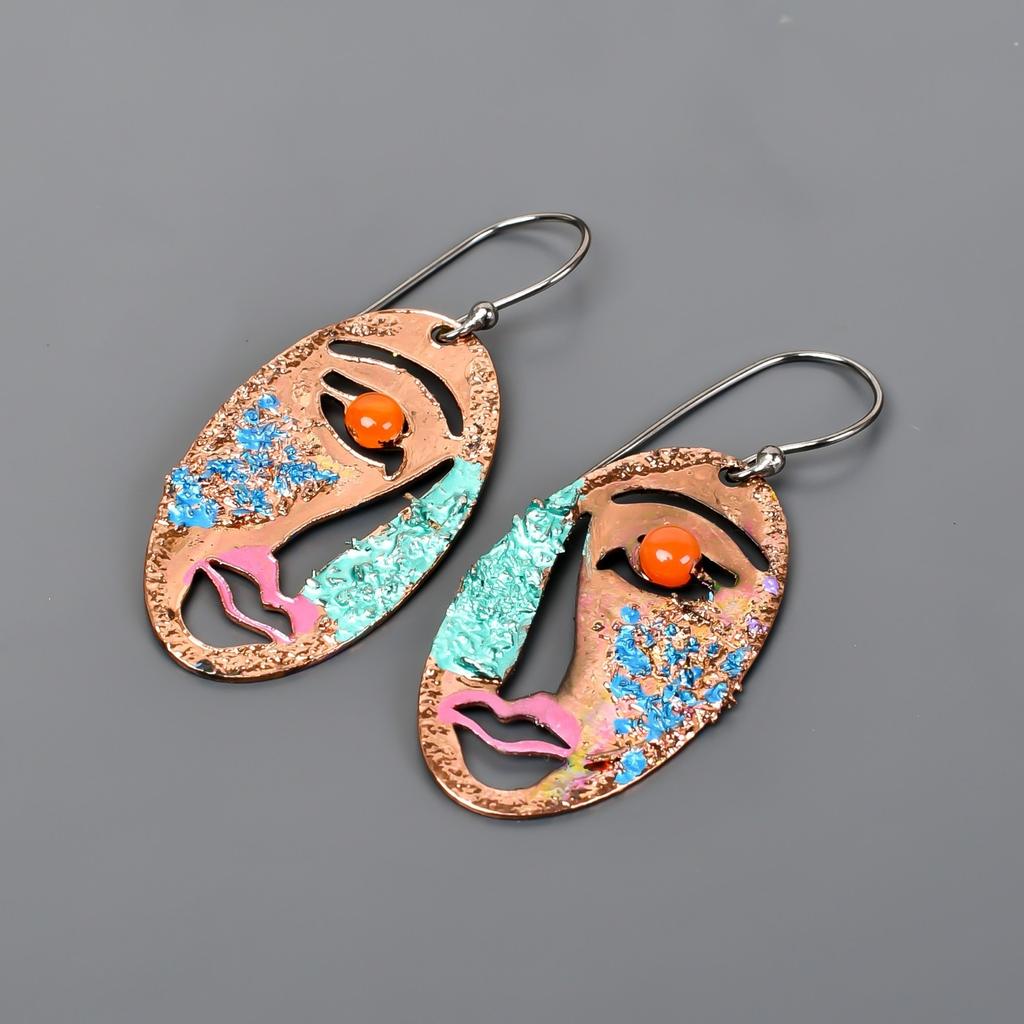 Round Carnelian Stone Copper Dangling Hook Multi Electroformed Earrings Jewelry V-93