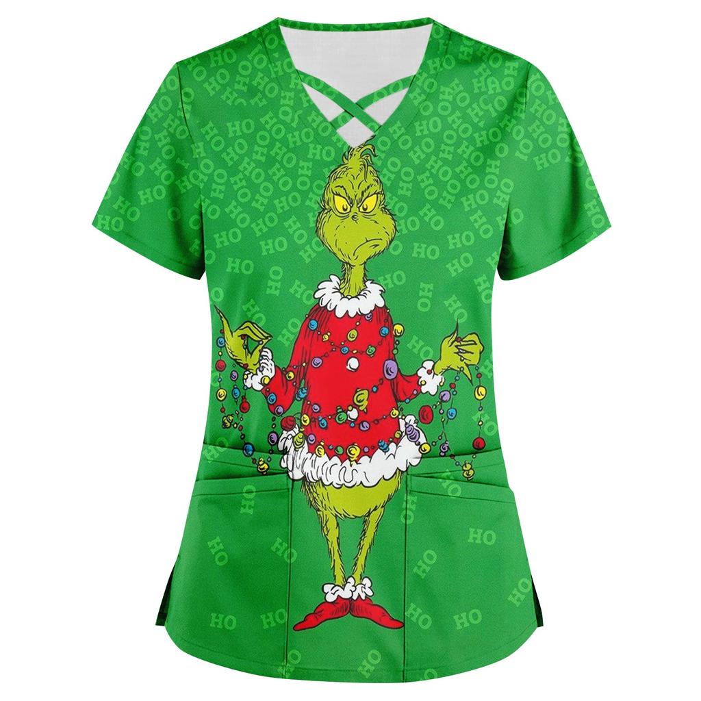 Women's Printed Work Clothes With V Neck And Double Layer Pocket Basic Tops Pullover