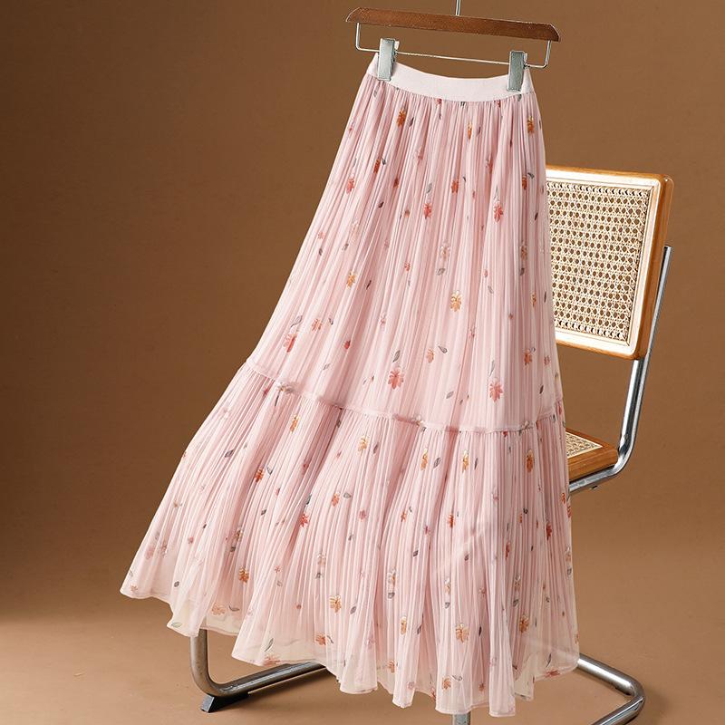 Women Spring Fall High Waist All Match Solid Color Flowers Mesh Pleated Skirt