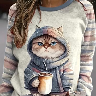 Frühling Sommer Damen Casual T-Shirt 3D Katzendruck Farbverlauf T-Shirt Lose Langarm O-Ausschnitt T-Shirt Mode Harajuku Damen Tops