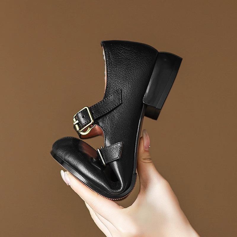 Spring and autumn new retro cowhide single shoes women's non-slip soft sole thick heel small leather shoes square head Mary Jane shoes women