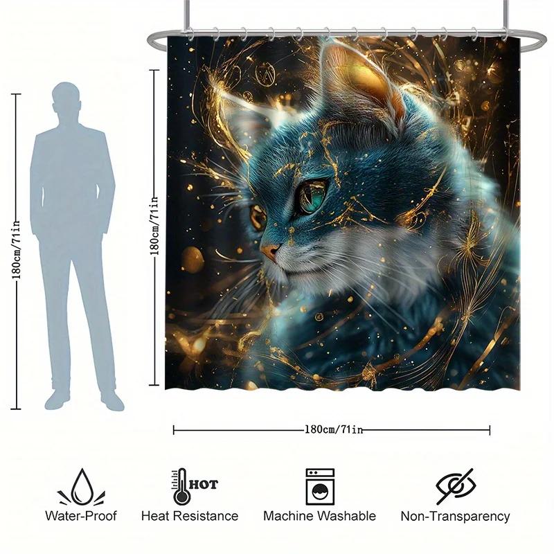 ~O~Cute Little Cat Shower Curtain Set - Blue Cat, Includes 12 Hooks, Waterproof Polyester, Bathtub Partition, Modern Bathroom De
