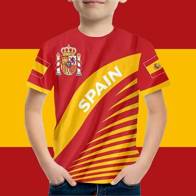 Boys' Clothing Spanish Flag Graphic T-shirt Retro Casual Short-sleeved Children's Clothing Summer Outdoor Spanish Children's Tops