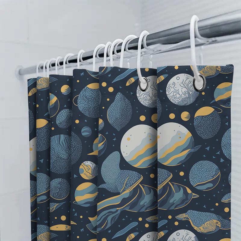 Space-Themed Shower Curtain: Blue Planets Design Bathroom Decor For Kids Adults Waterproof Fabric Shampoo Bag Cover