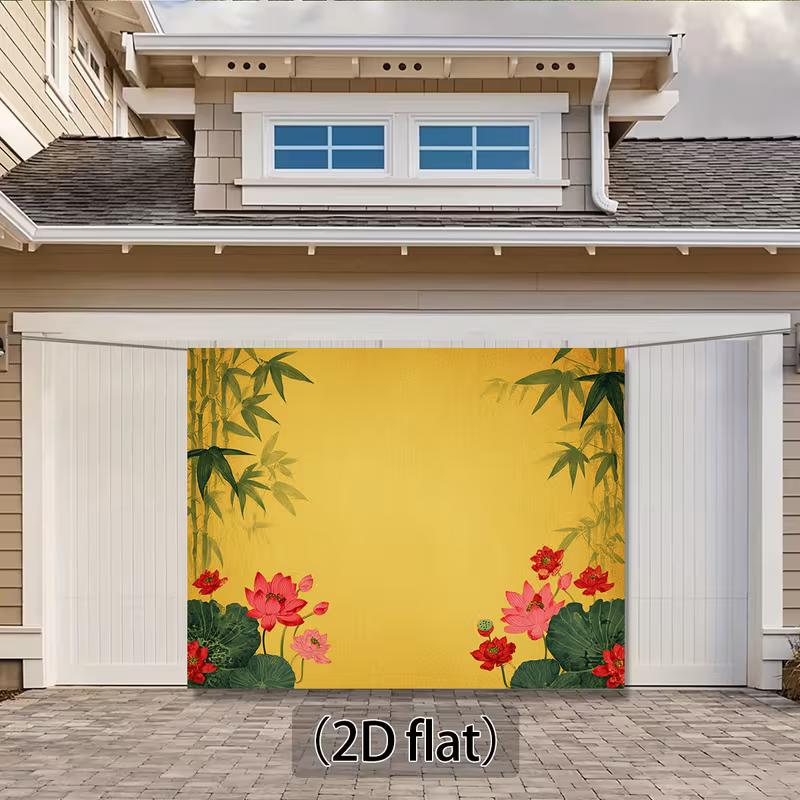2D Yellow Lotus Bamboo Backdrop, Chinese Floral Background for Home & Event Decor