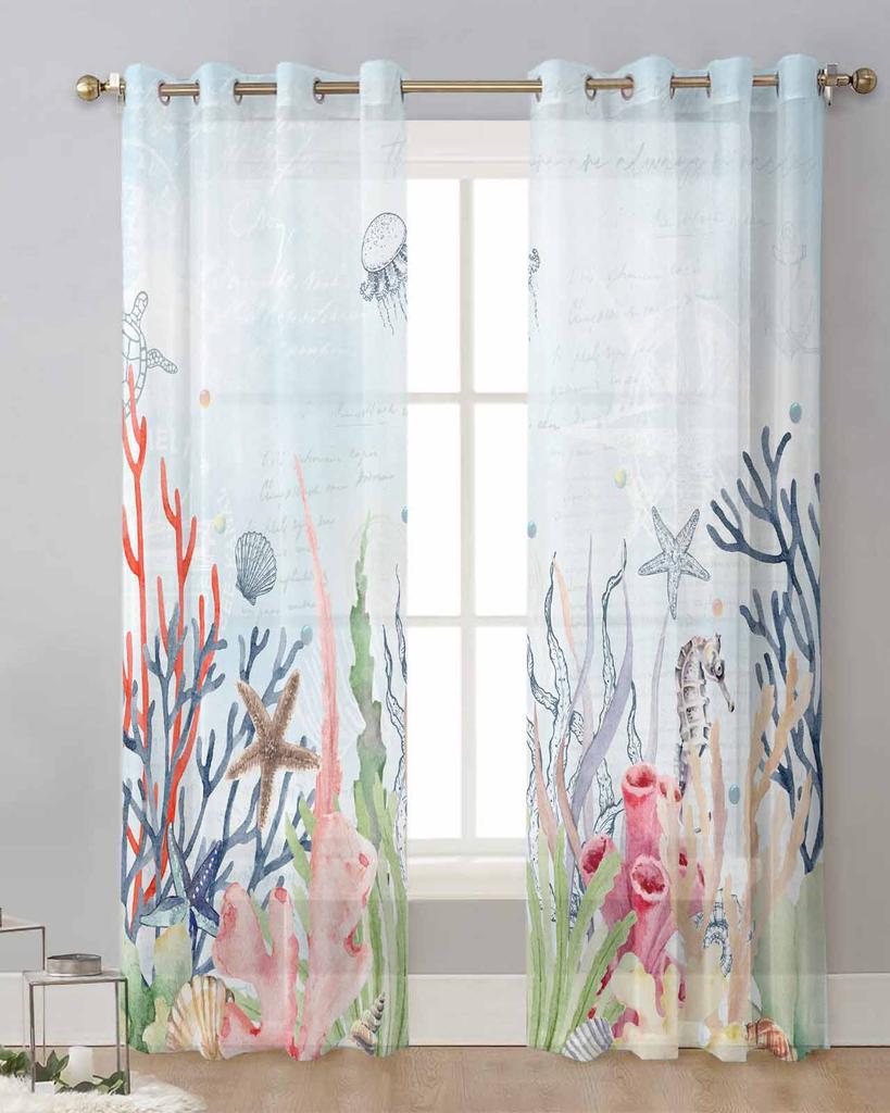 Summer Ocean Coral Shell Starfish Sheer Curtains for Living Room Decoration Window Curtains Kitchen Tulle Voile Organza Curtains