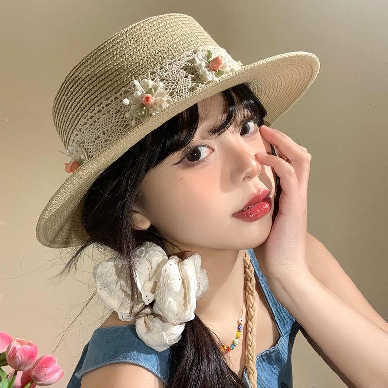 Butterfly Knot Flat Top Straw Hat for Women's Summer New Flower Lace Hat for Beach Shading and Sun Protection Straw Woven Hat