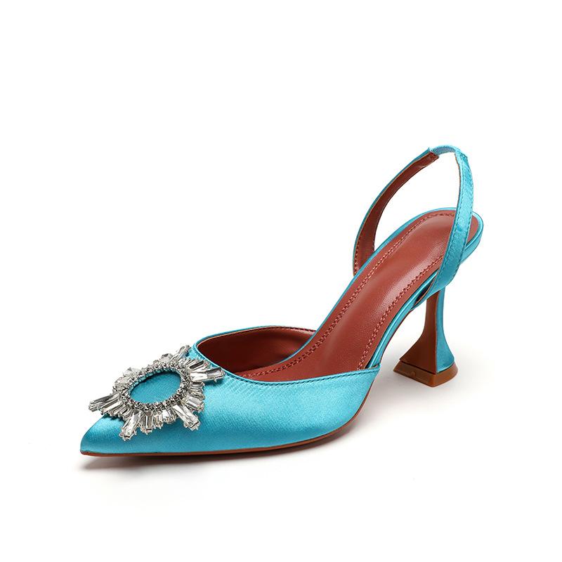 Fashion Women Rhinestone Sandals Pointed Toe Sun Buckle Stiletto Heels Slingback Block Heel Shoes