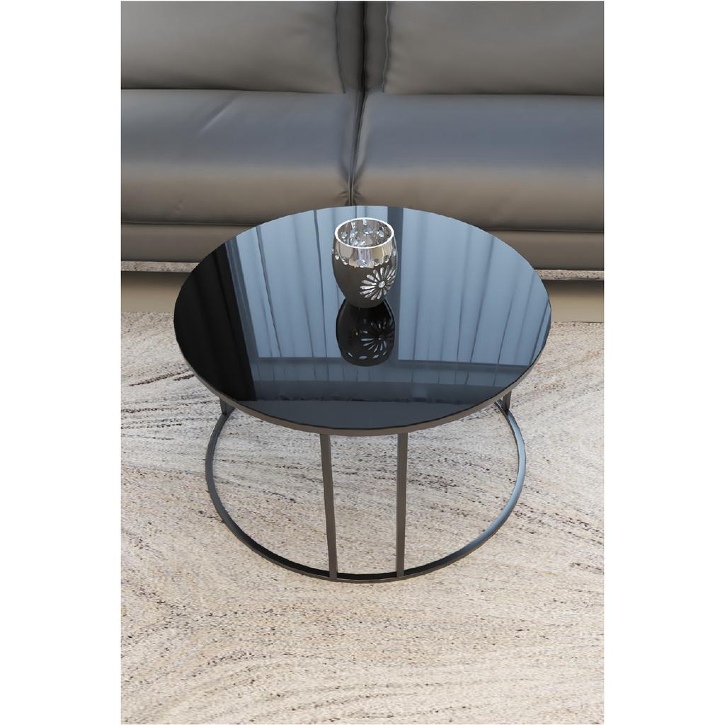 Ceylin 3-seat Nesting Coffee Table Black Metal Leg, Black Shatterproof Glass
