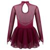 Girls Sparkly Skating Dress Long Sleeve Round Collar Hollow Back Rhinestone Mesh Splice Ballet Dance Leotard