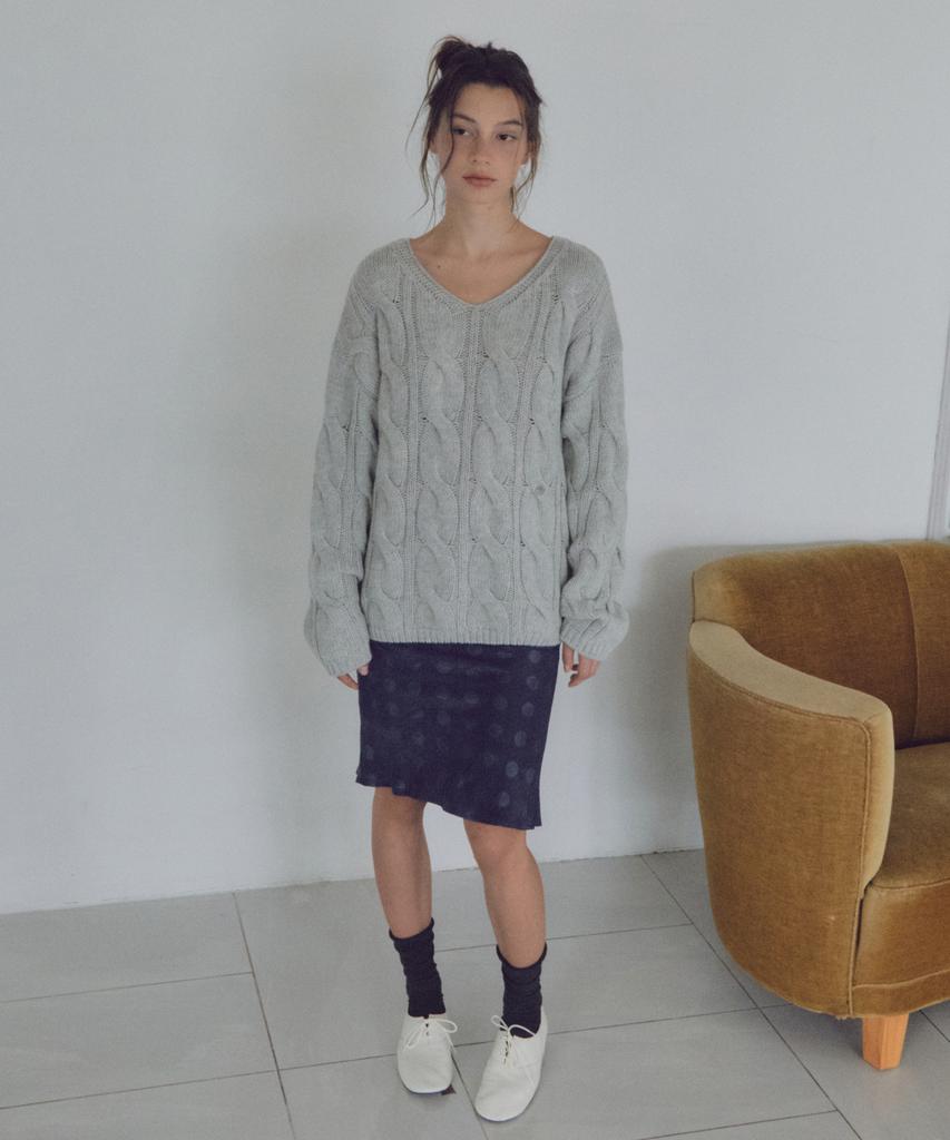 CITTA Wool Blend Cable V-Neck Knit_Ctk281(Melange Gray)