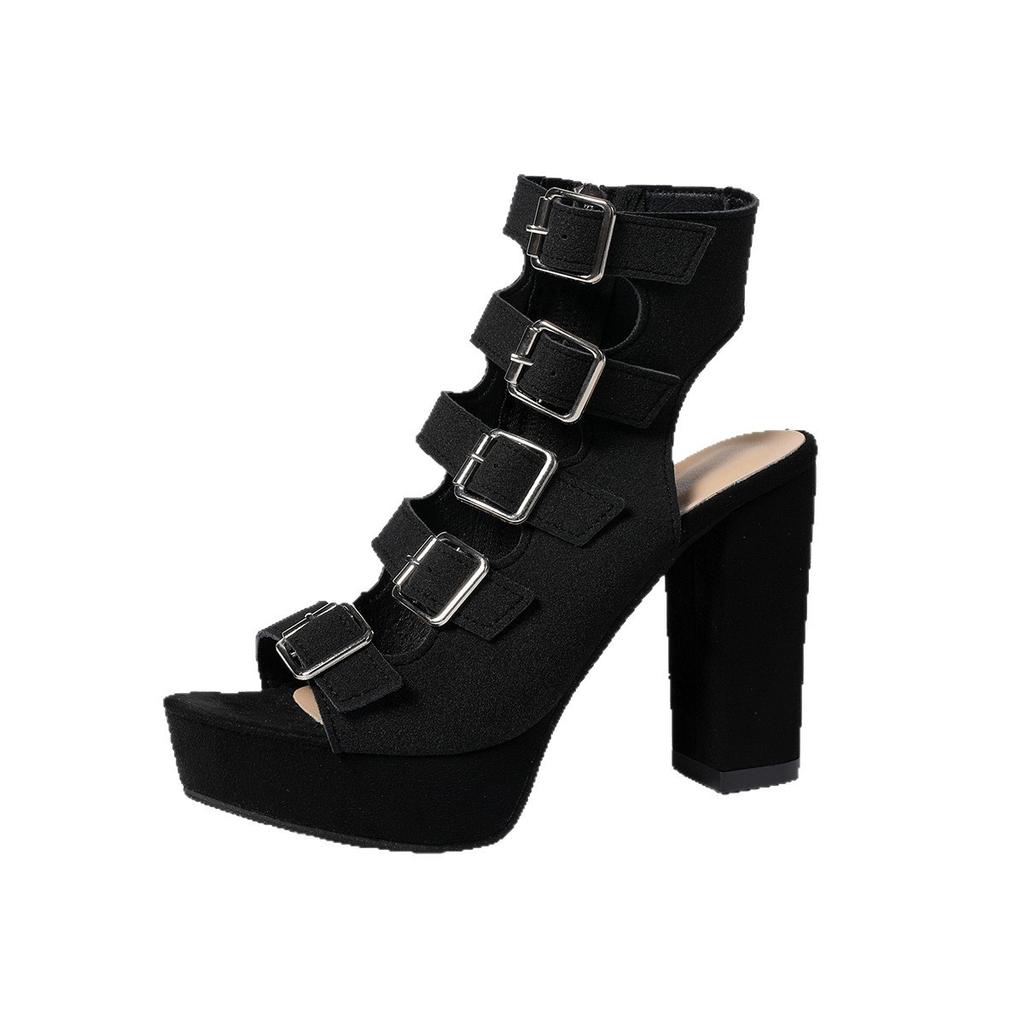 Fashion Summer Hollow Belt Buckle High-heeled Sandals Women Shoes Black Platorm Gladiator 11cm Thikc Heeled Zip Roman Sandales Femmes
