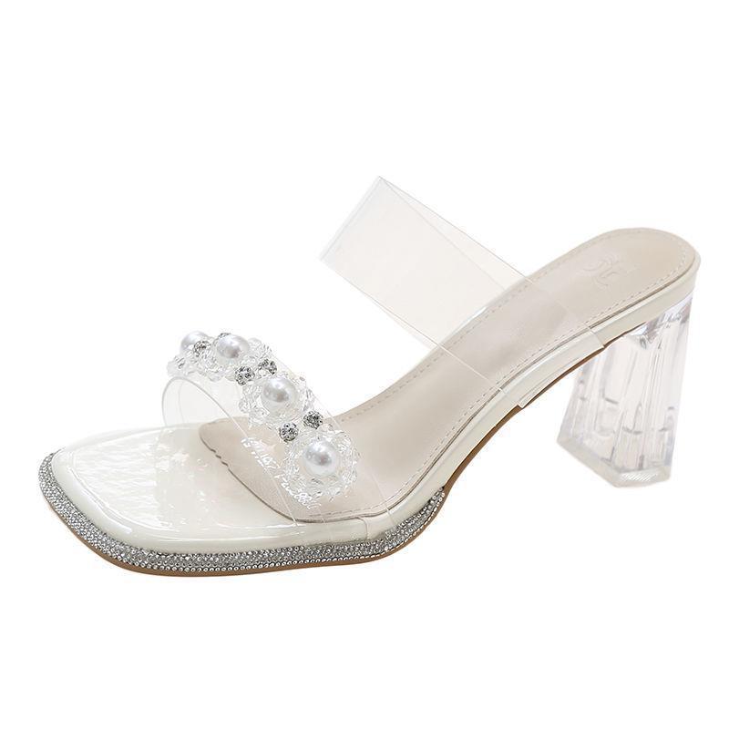 Transparent sandals high heels summer 2025 new high-end fashion versatile crystal thick heel wear sandals women's shoes